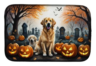 Golden Retriever Spooky Halloween Dish Drying Mat Absorbent Dish Drying Mat Pad for Kitchen Counter Dish Drainer Mat for Countertop, 14 x 21"