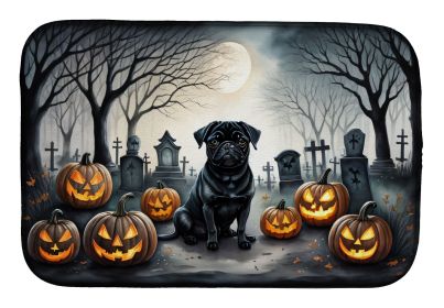 Black Pug Spooky Halloween Dish Drying Mat Absorbent Dish Drying Mat Pad for Kitchen Counter Dish Drainer Mat for Countertop, 14 x 21", Multicolor