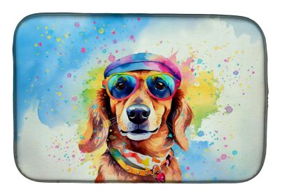 Dachshund Hippie Dawg Dish Drying Mat Absorbent Dish Drying Mat Pad for Kitchen Counter Dish Drainer Mat for Countertop, 14 x 21", Multicolor