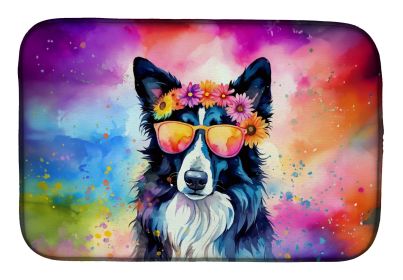 Border Collie Hippie Dawg Dish Drying Mat Absorbent Dish Drying Mat Pad for Kitchen Counter Dish Drainer Mat for Countertop, 14 x 21", Multicolor