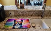 Border Collie Hippie Dawg Dish Drying Mat Absorbent Dish Drying Mat Pad for Kitchen Counter Dish Drainer Mat for Countertop, 14 x 21", Multicolor