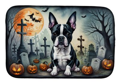 Boston Terrier Spooky Halloween Dish Drying Mat Absorbent Dish Drying Mat Pad for Kitchen Counter Dish Drainer Mat for Countertop, 14 x 21" (Default: Default)