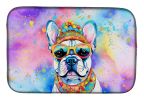 French Bulldog Hippie Dawg Dish Drying Mat Absorbent Dish Drying Mat Pad for Kitchen Counter Dish Drainer Mat for Countertop, 14 x 21", Multicolor