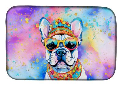 French Bulldog Hippie Dawg Dish Drying Mat Absorbent Dish Drying Mat Pad for Kitchen Counter Dish Drainer Mat for Countertop, 14 x 21", Multicolor (Default: Default)