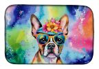 Boston Terrier Hippie Dawg Dish Drying Mat Absorbent Dish Drying Mat Pad for Kitchen Counter Dish Drainer Mat for Countertop, 14 x 21", Multicolor