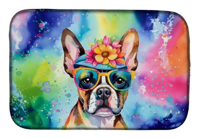 Boston Terrier Hippie Dawg Dish Drying Mat Absorbent Dish Drying Mat Pad for Kitchen Counter Dish Drainer Mat for Countertop, 14 x 21", Multicolor (Default: Default)