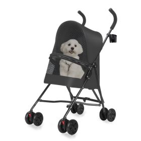 Pet Stroller for Small Dogs Cats with Mesh Ventilation, Lightweight Foldable Design, Cup Holder, Black (Color: Black)